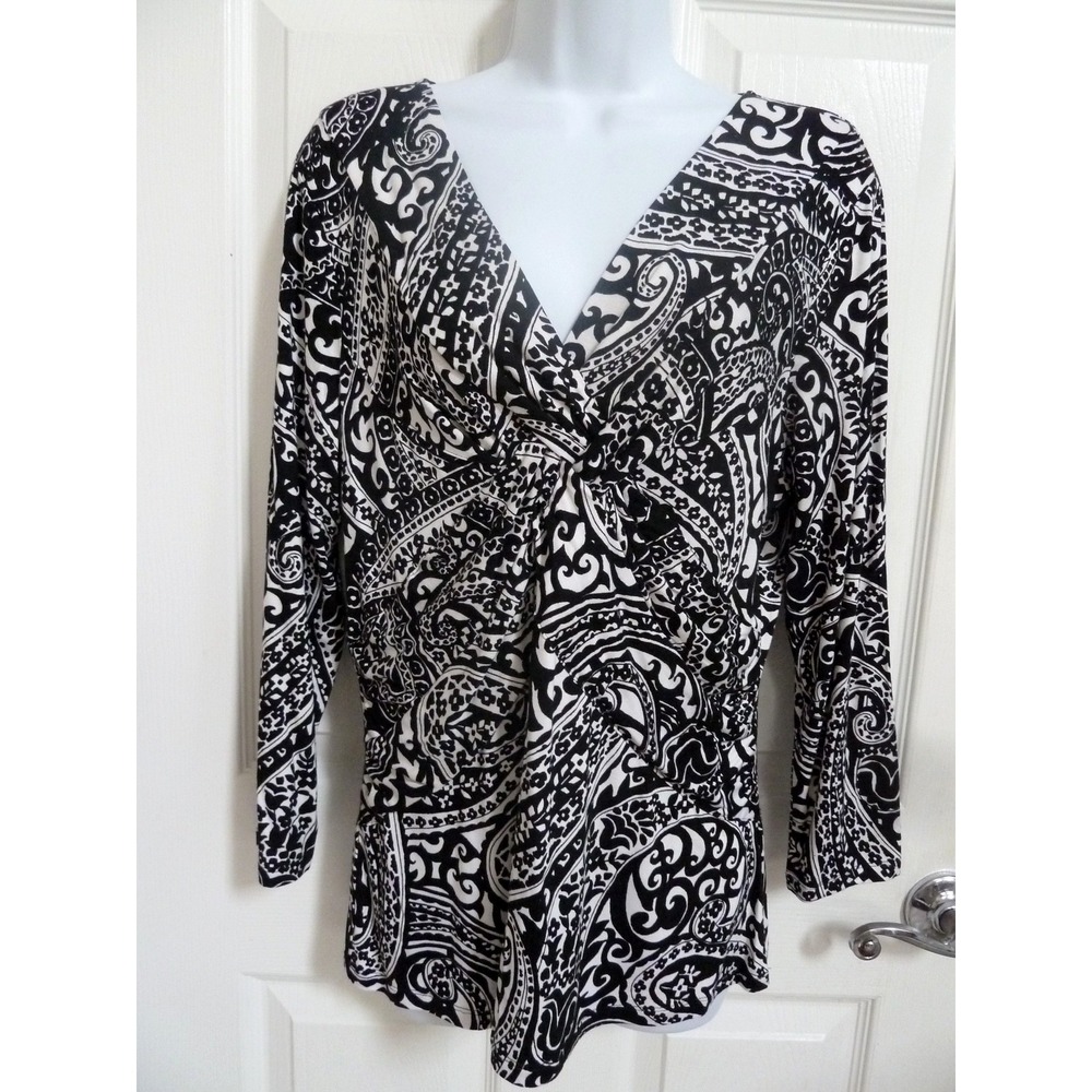 Cable & Gauge Women XL 16 Babydoll Top Black White Paisley V-Neck Career Knit
